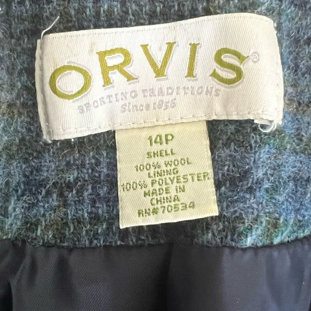 ORVIS Blue Plaid Petite 100% Wool Preppy Acdemia Blazer 14P